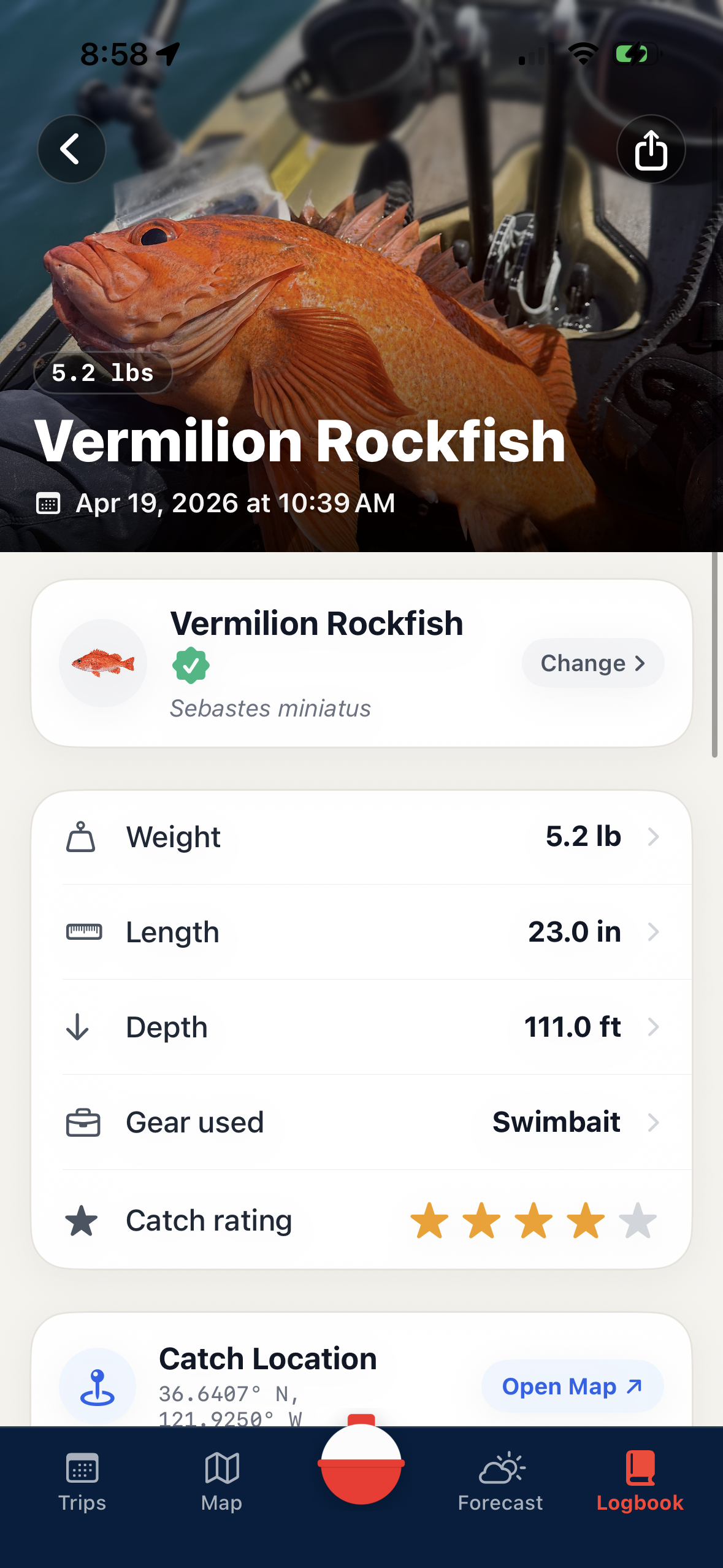 Vermilion Rockfish catch detail