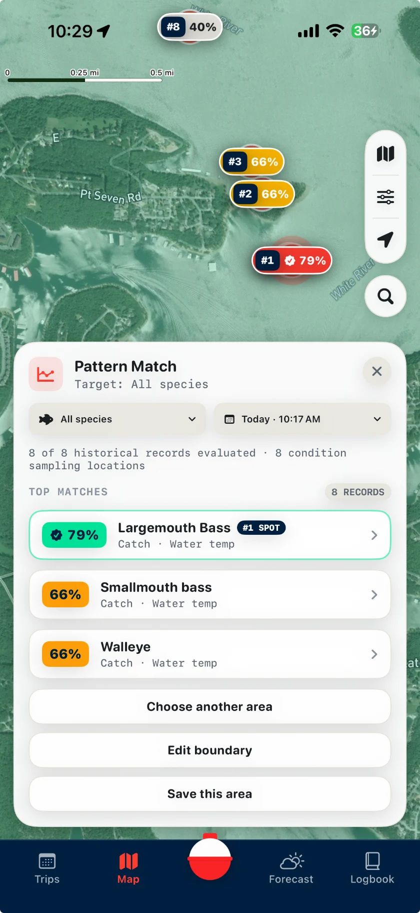 Bobber Pattern Match ranking spots on a lake map