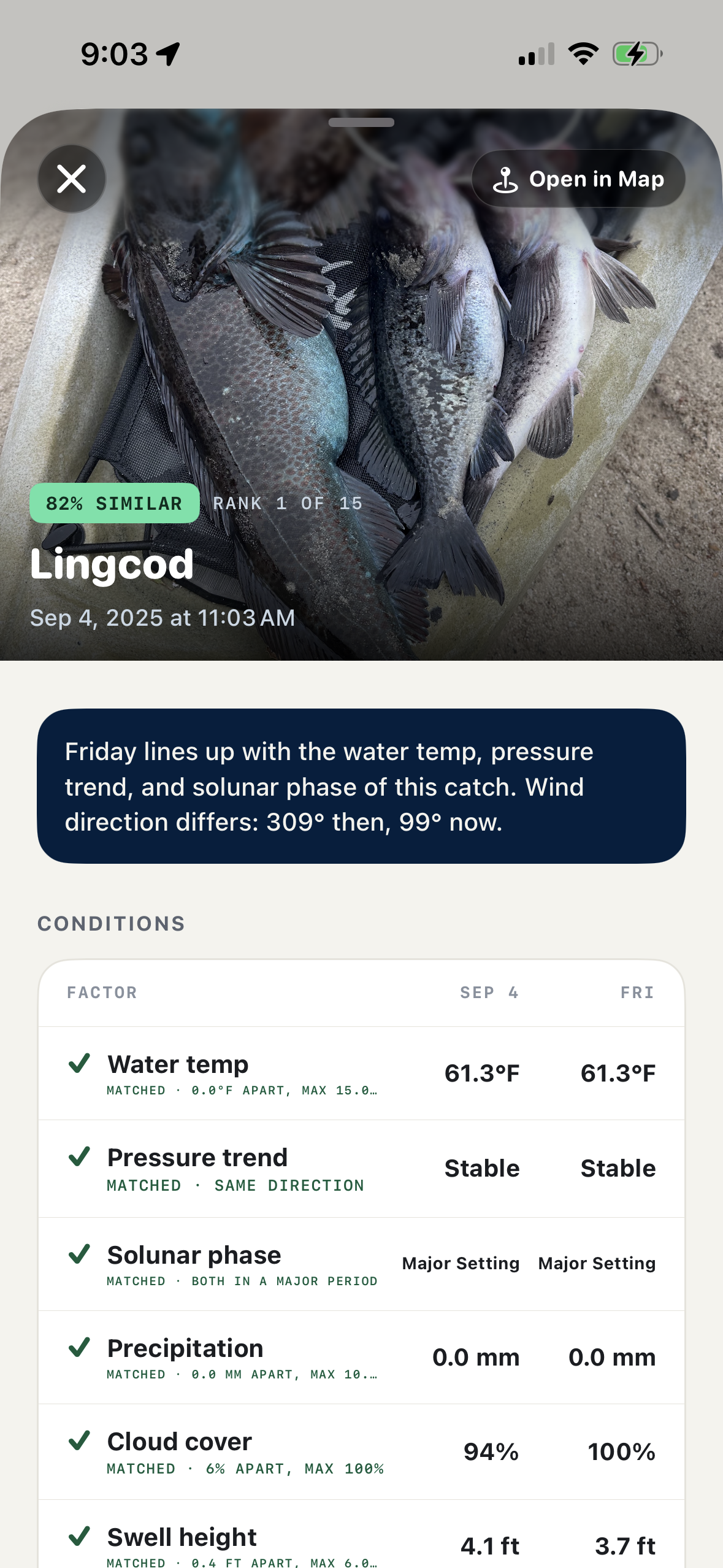 Lingcod match showing water temperature, pressure trend, and solunar comparisons