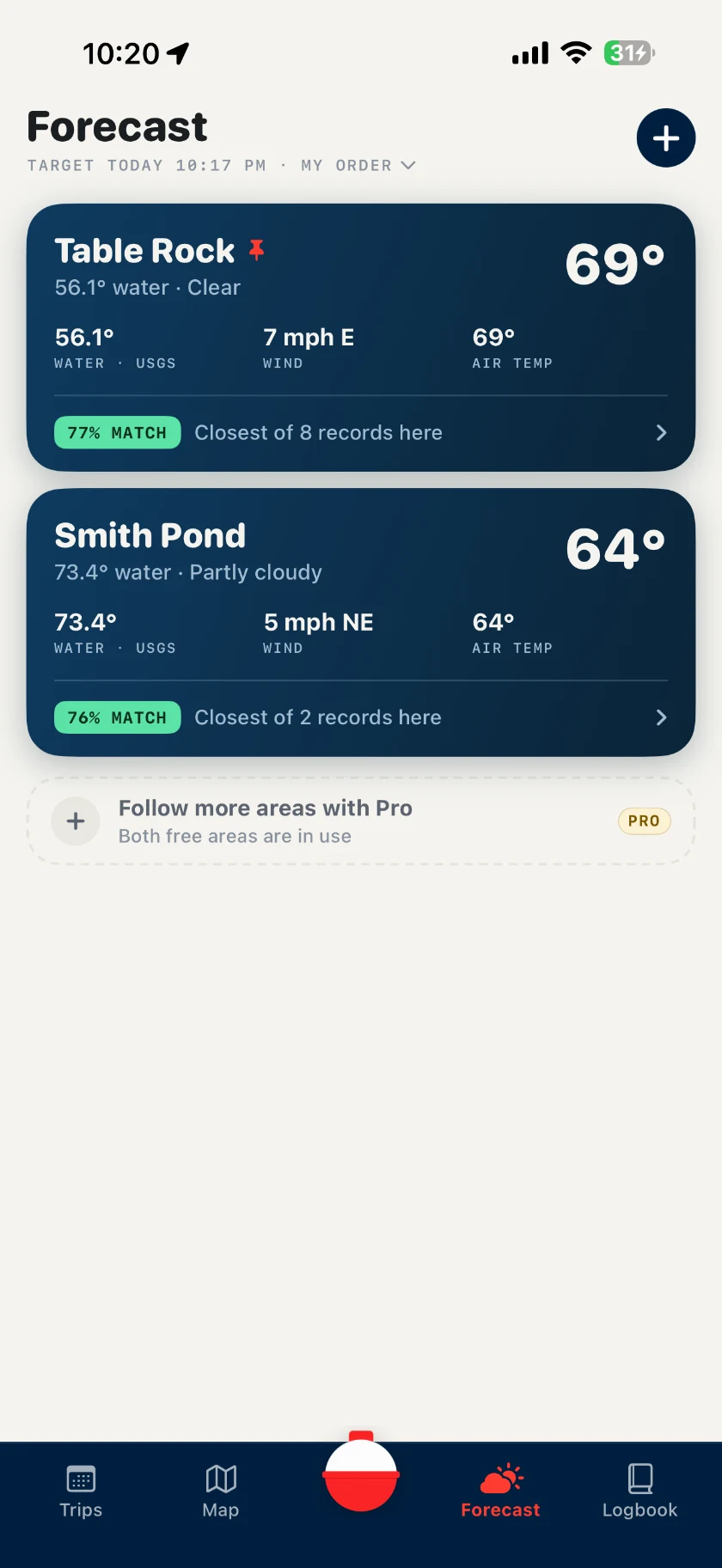 The Bobber Logbook with catches grouped into trips